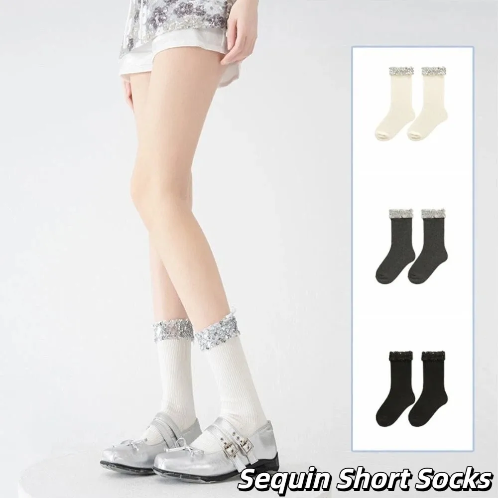 

Warm Cotton Girls Glitter Socks Shiny Solid Color Sequin Short Socks Harajuku Casual Hosiery Middle Tube Hosiery Elastic
