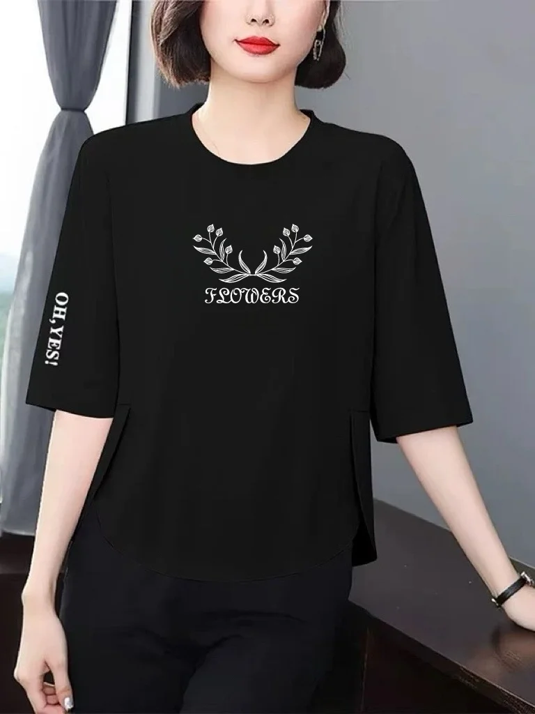 

Женская футболка свободного кроя с цветочным принтом, с рукавами 3/4, из дышащего полиэфирного волокна, модная, для женщин среднего и пожилого возраста