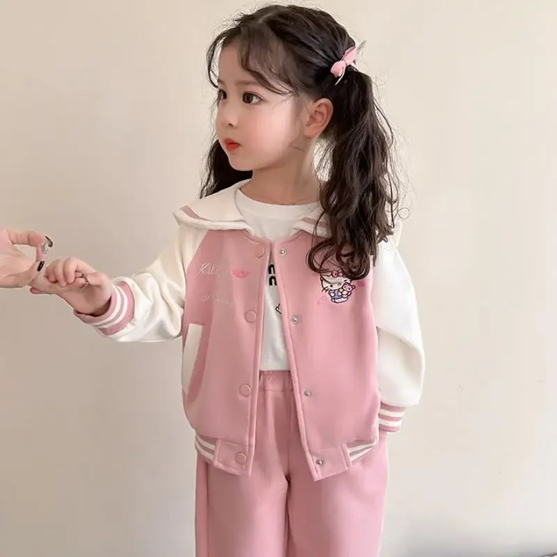 

Kuromi Girls Sanrio Kawaii Doll Collar Set Anime Cartoon Spring Autumn New Jacket Trousers Fashion Soft Breathable Skin Friendly