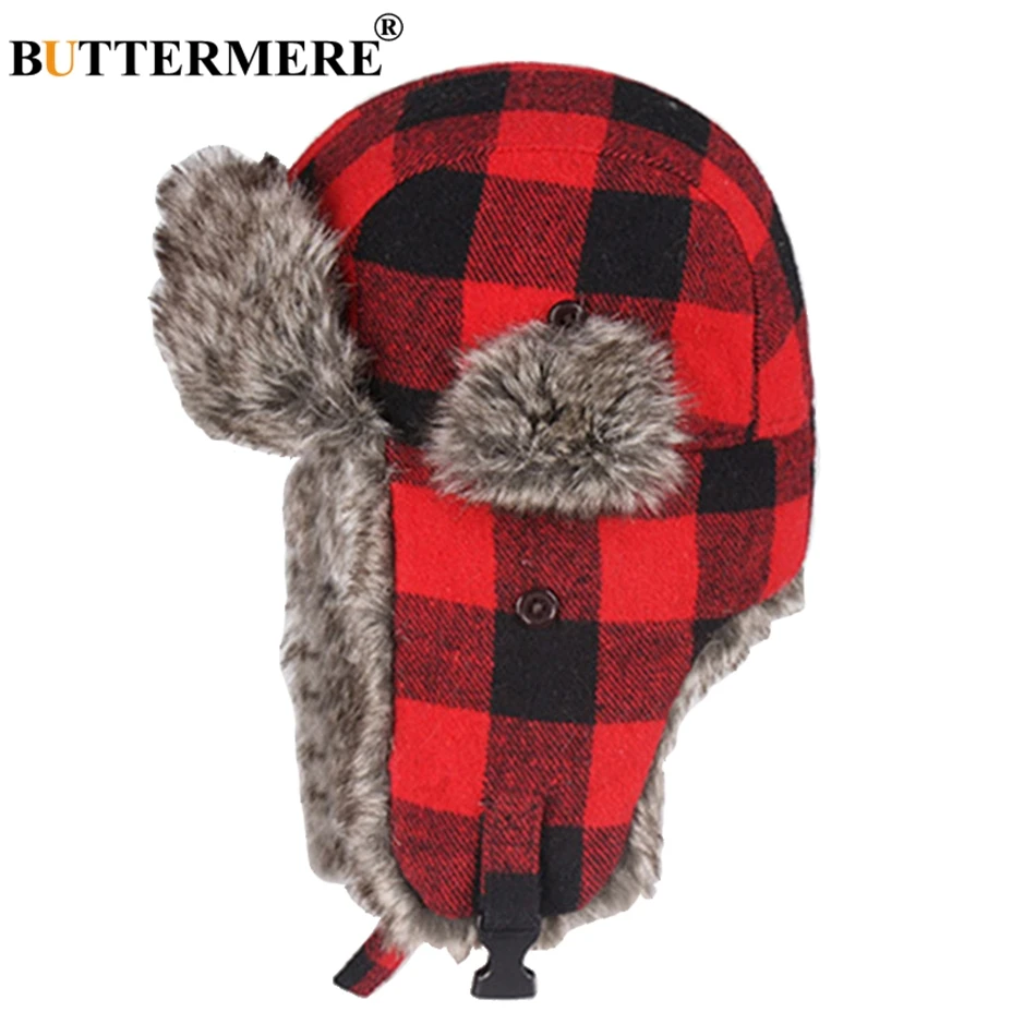 Butterfly – chapeau d\'hiver en fourrure pour homme et femme, couvre-chef chaud, casquette coupe-vent, Plaid plus épais, russe, noir, bleu