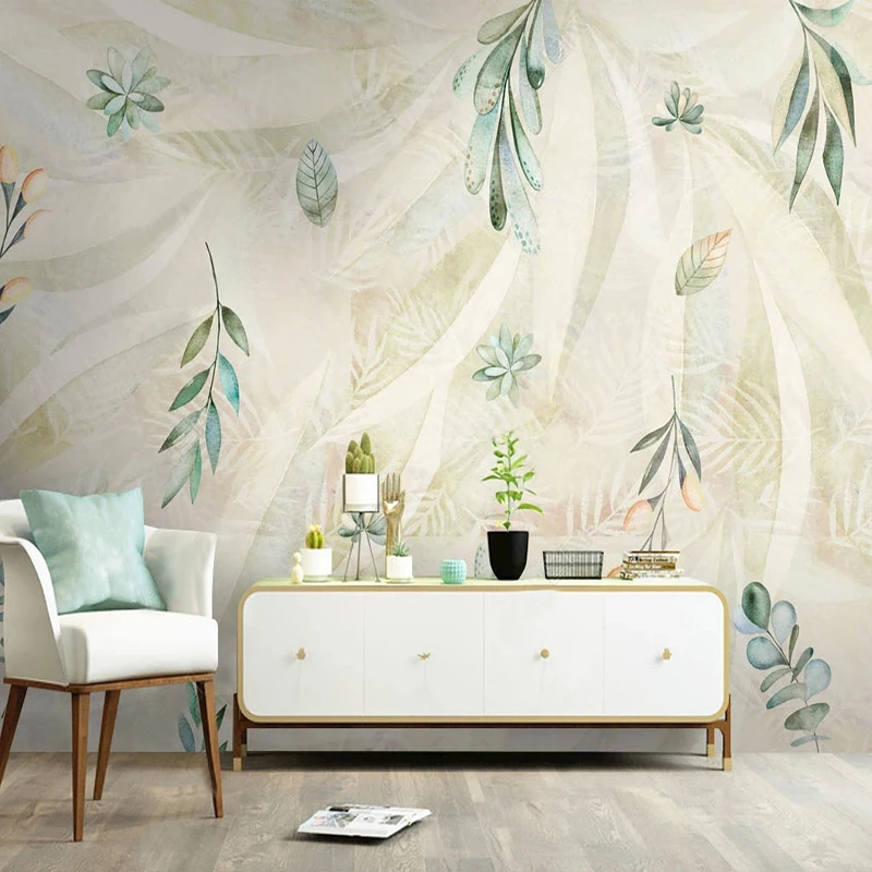 

Custom Mural Nordic Style Hand Painted Leaves Wall Painting Living Room TV Sofa Bedroom Background Home Decor Fresco Wallpaper