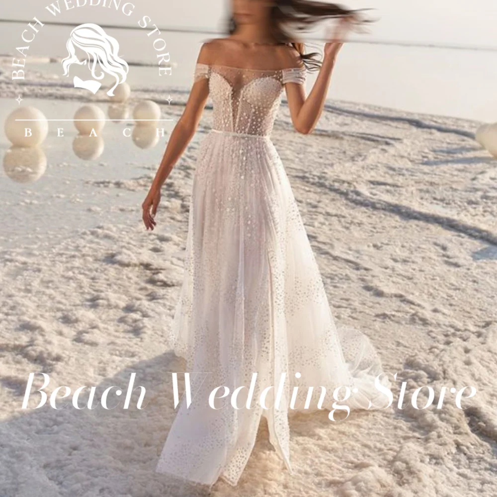 

Beach Customized Elegant V Neck Bride Dress For Women Illusion Off The Shoulder A Line Simple Tulle Bridal Gown Robe De Mariee