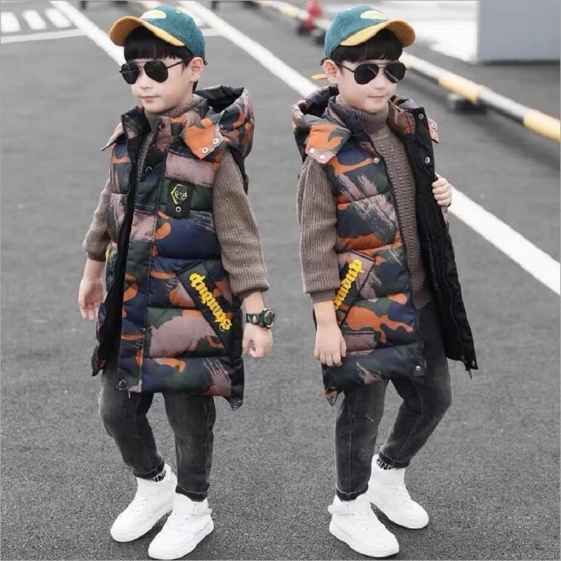 

Winter Vest For Boy 5-13Y Children Hooded Warm Outerwear Kids Glossy Coat Sleeveless Jacket Padded Long Camouflage Waistcoat