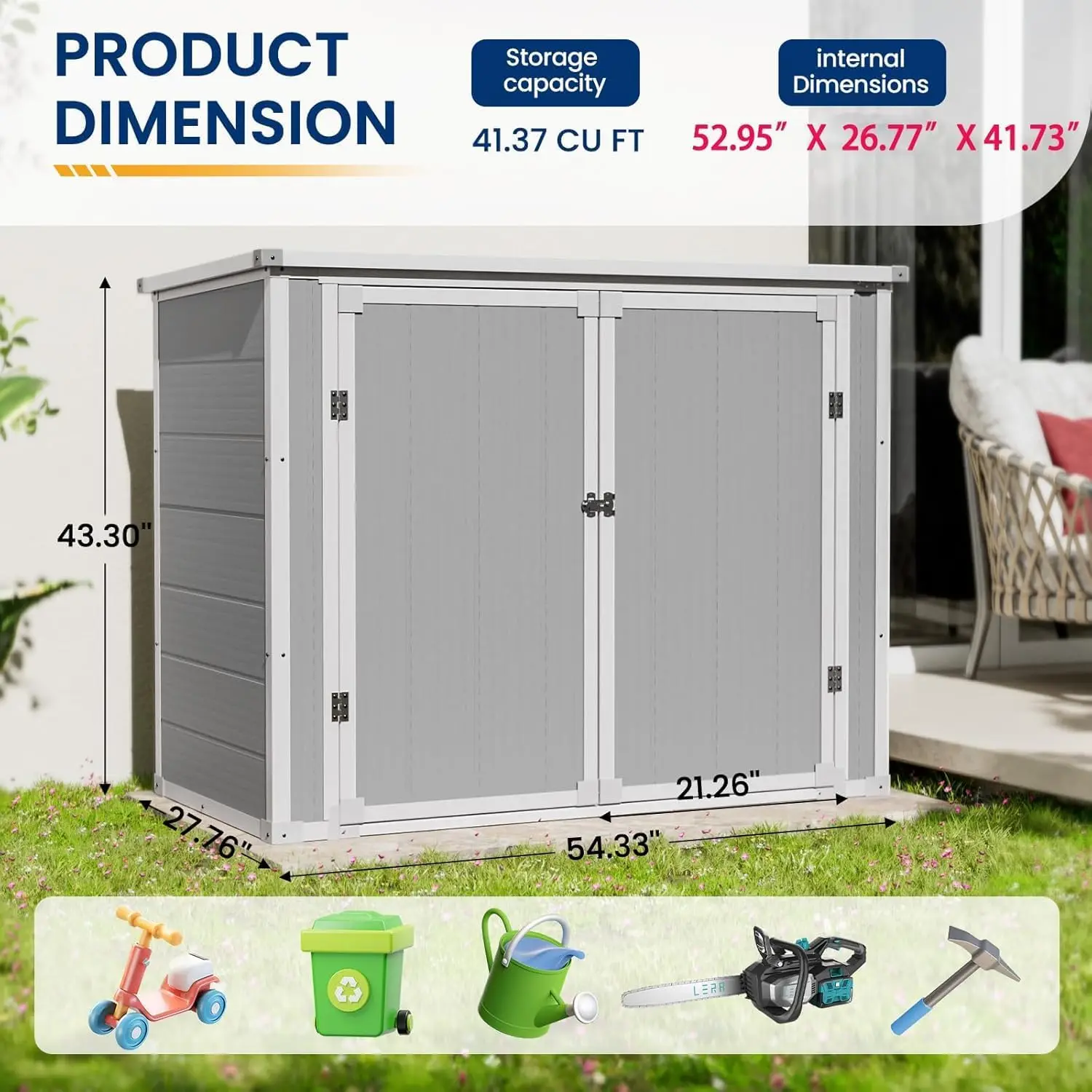 

41 Cu Ft Horizontal Outdoor Storage Shed, Resin Trash Can Storage for Garden Tools, Lawn Mowers, Garbage Cans