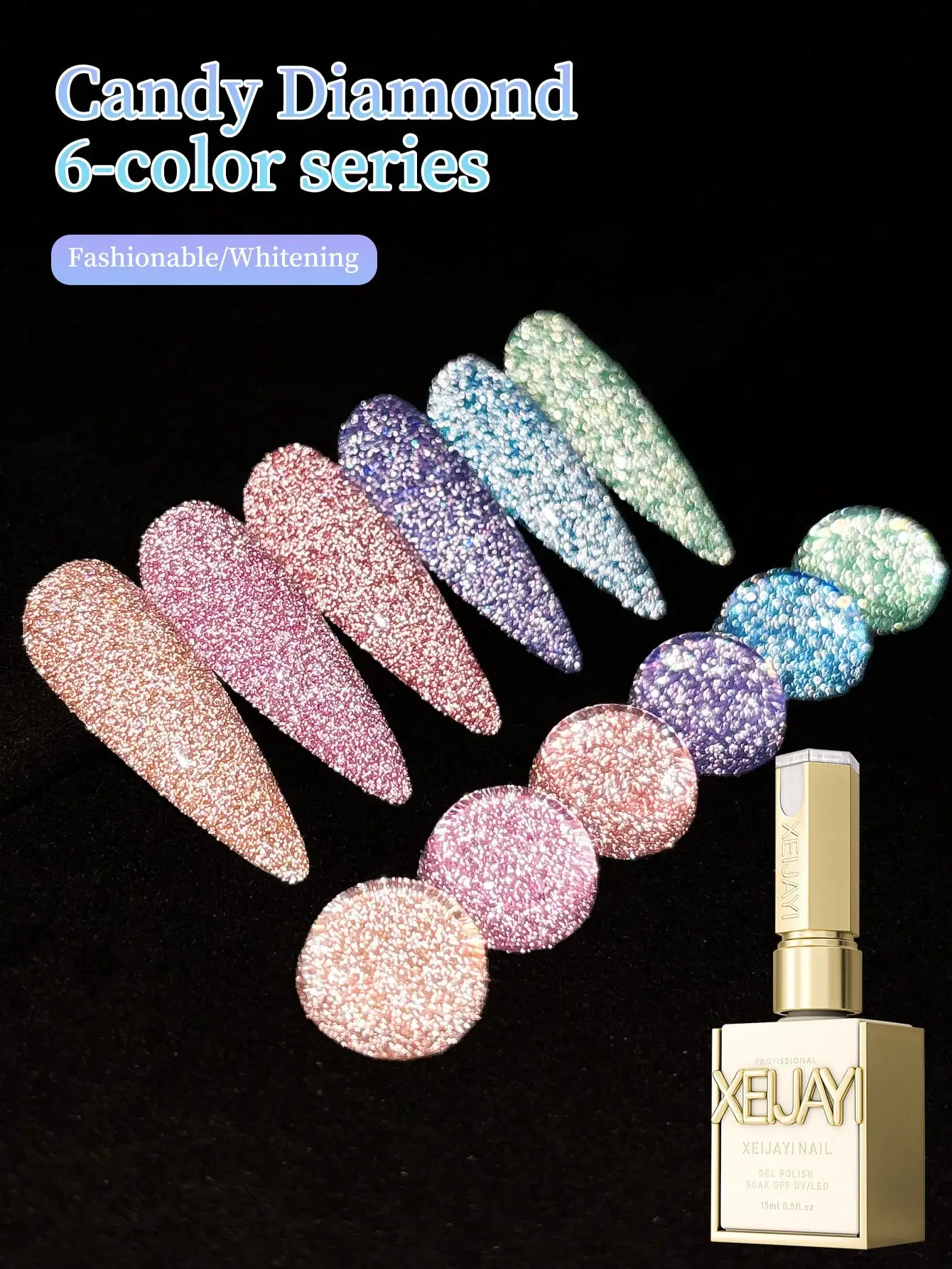 6 Colors 15ml Candy Diamond Series Nail Polish Gel, UV LED Soak-Off Nail Gel, DIY Salon Quality Nail Art Gel