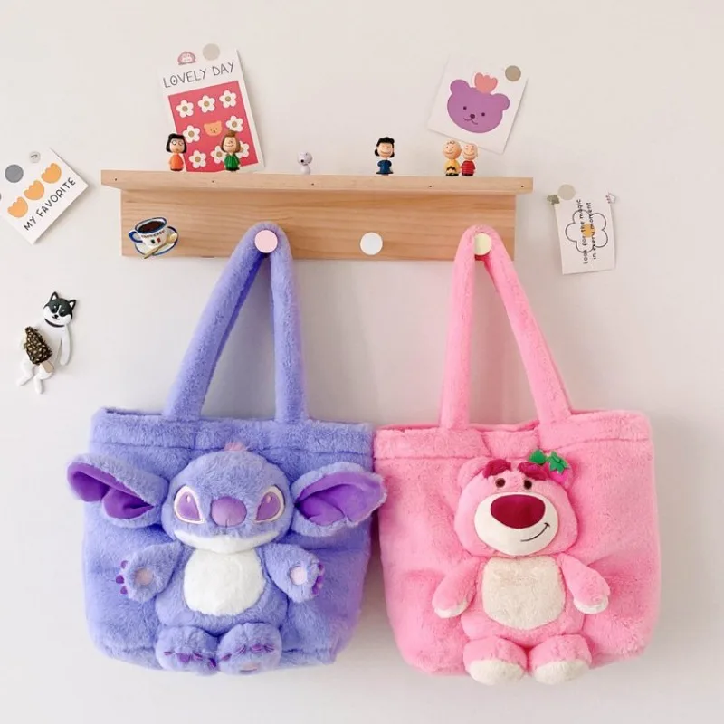 Disney 2024 New Cartoon Plush Doll Shoulder Bag Sweet and Cute Stitch Strawberry Bear Soft Cute Girls Handbag