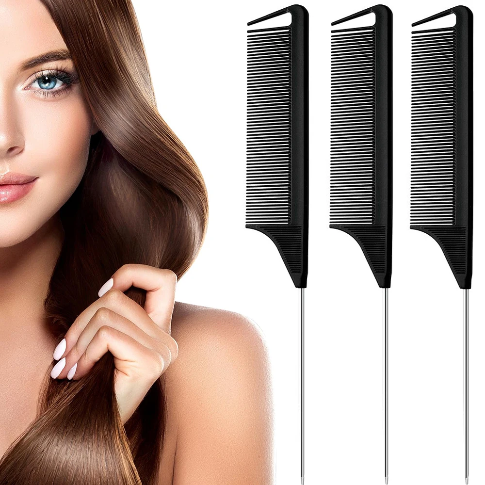 3pcs professional pointed tail salon ponytail comb anti-static hair comb steel needle mouse tail comb Special for real hair wigs
