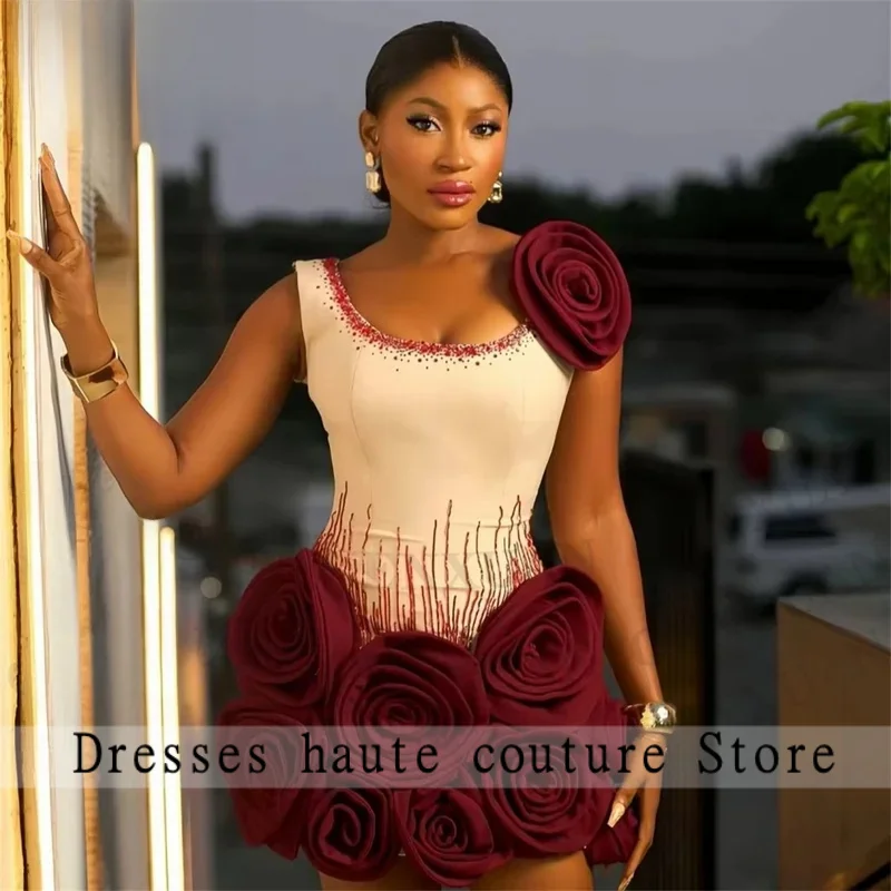 Chic Spaghetti Straps 3D Flowers Homecoming Dresses with Rhinestones 3D Flower Short Party Dresses Vestido De Noche Customized