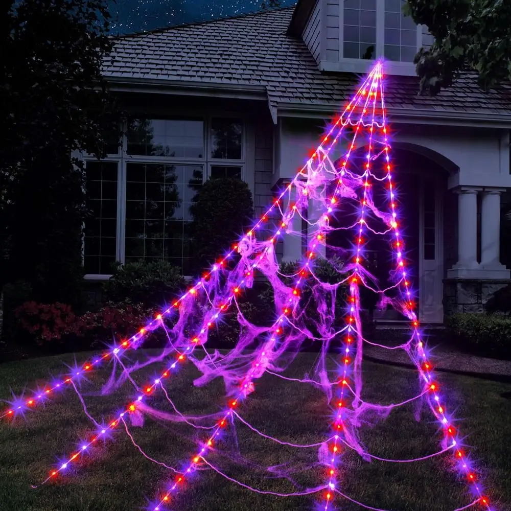 

New Cross border Halloween spider web glowing triangle web with lights plush big spider bar haunted house scene decoration props