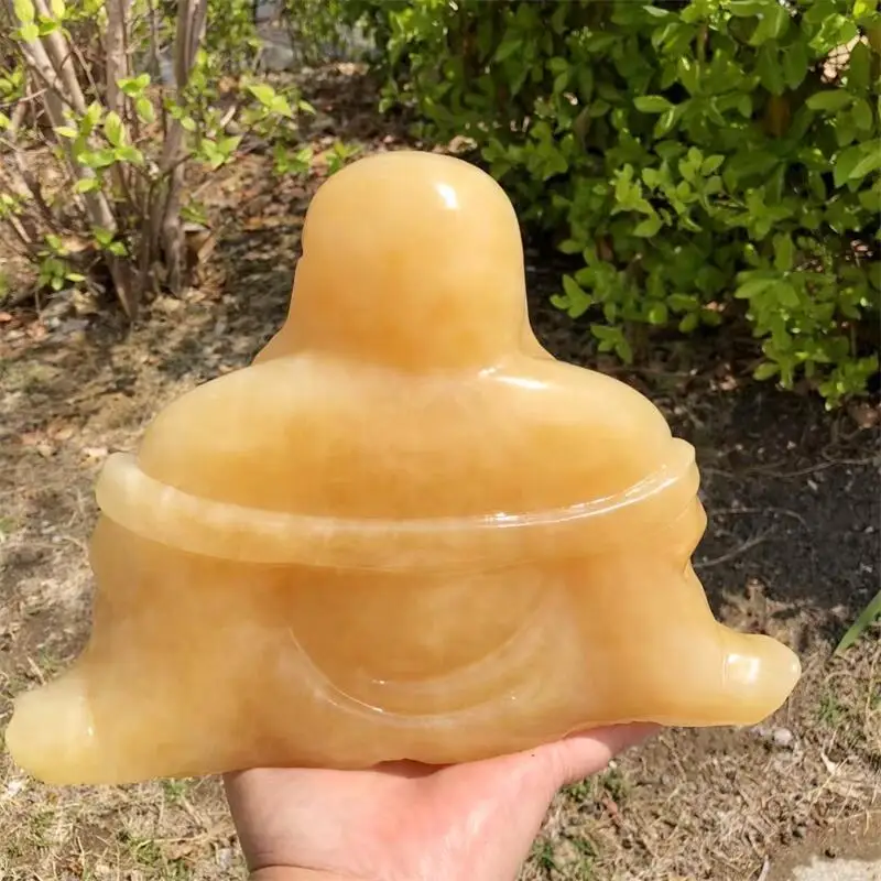 20CM Natural Orange Calcite Carving Of Maitreya Buddha Carving Figurine Ornament Feng Shui Home Decor Stone Holiday Gift 1pcs