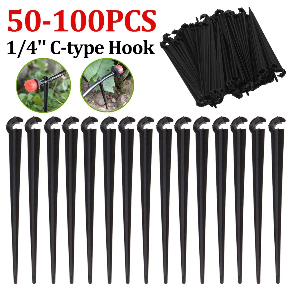 

50-100PCS Durable 1/4'' C-type Hook Fixed Stem Support Holder Stakes for 4/7mm Hose Flowerpot Drip Irrigation Fitting Greenhouse