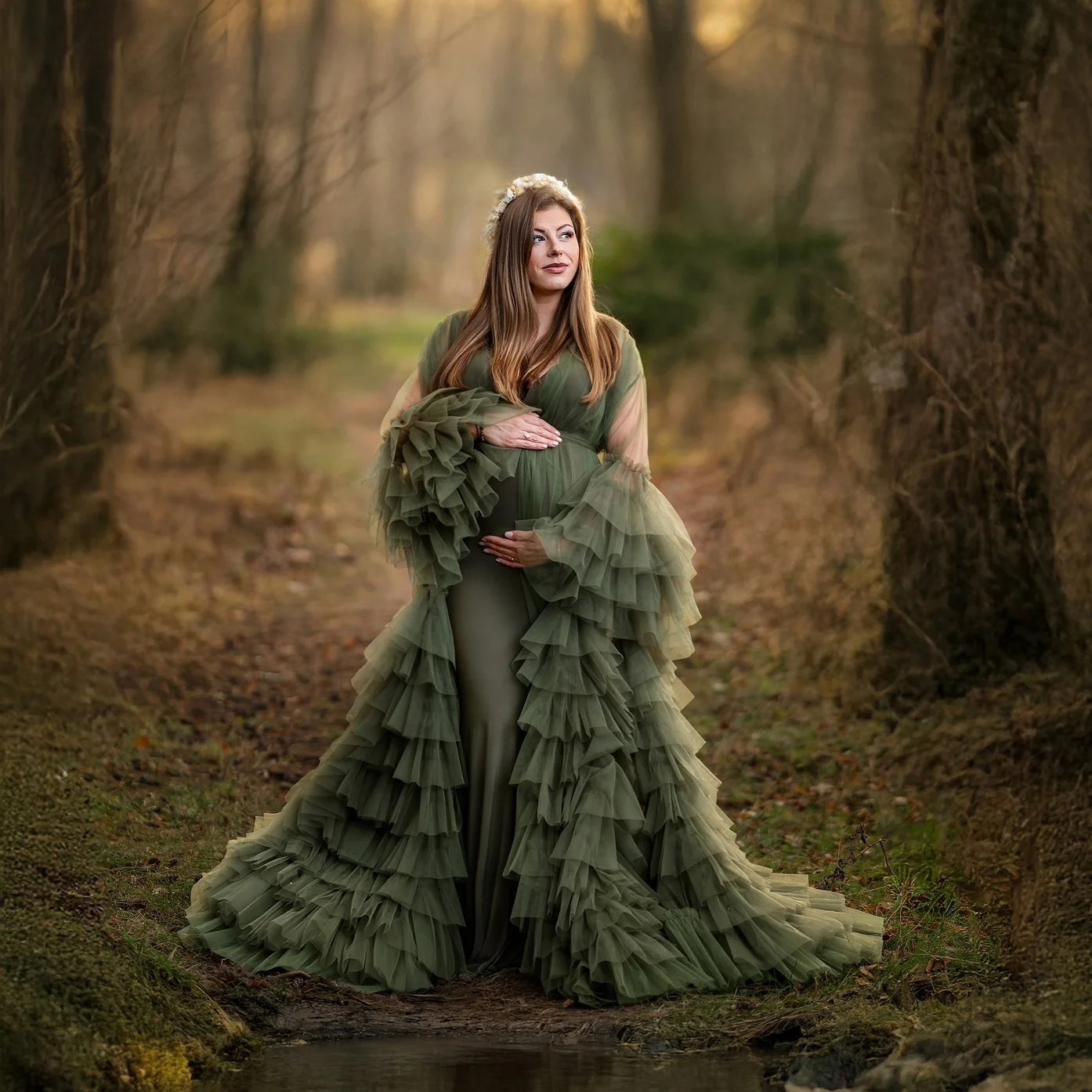

Green Maternity Dress for Photoshoot A Line Two Pieces Prom Gown Tiered Ruffles Babyshower Gowns Customized Pregnancy Wear