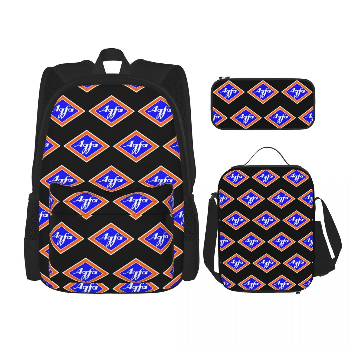 Mochilas retro con logotipo de Agfa Film de los años 60, mochilas para niños, mochilas escolares, bolsa para el almuerzo, bolsa para bolígrafos, juego de tres piezas