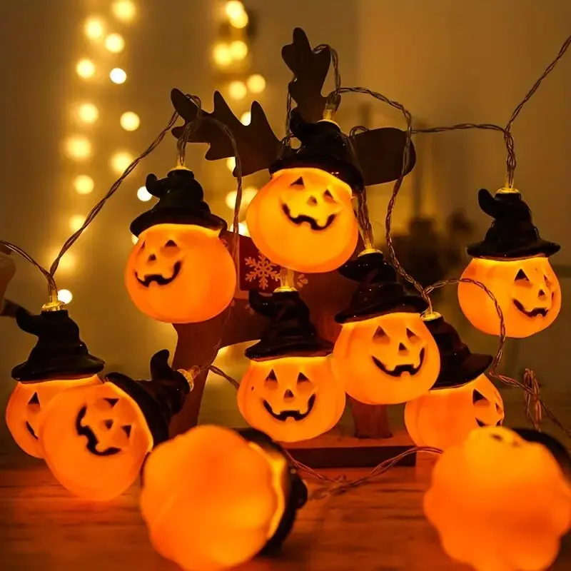 Guirnalda de luces de calabaza para Halloween, lámpara decorativa alimentada por batería, iluminación de ambiente para fiesta y decoración del hogar, 1,5 M/59,05 pulgadas, 10LED, 1 ud.