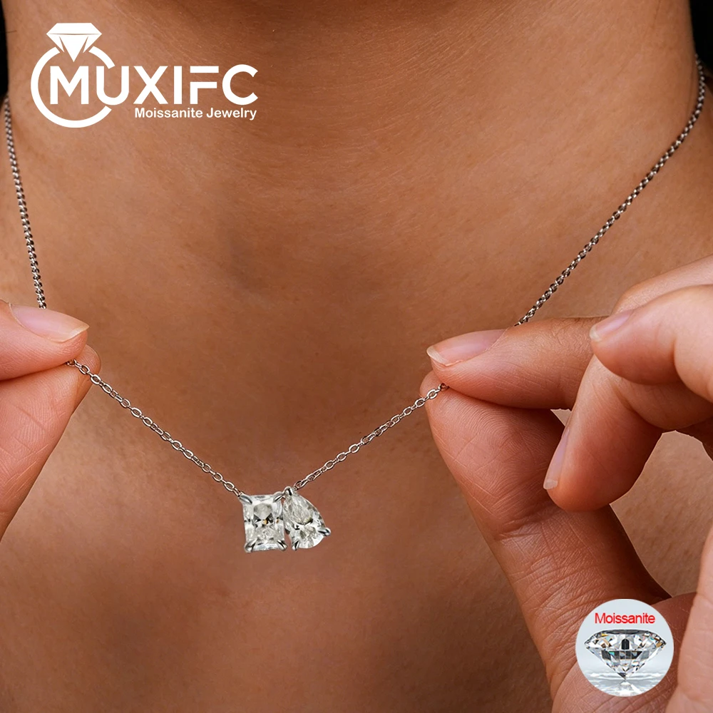 

5cttw Radiant & Pear Cut Moissanite Diamond Pendant Necklace for Women Certified 925 Silver 2-Stone Clavicle Neckchain Jewelry