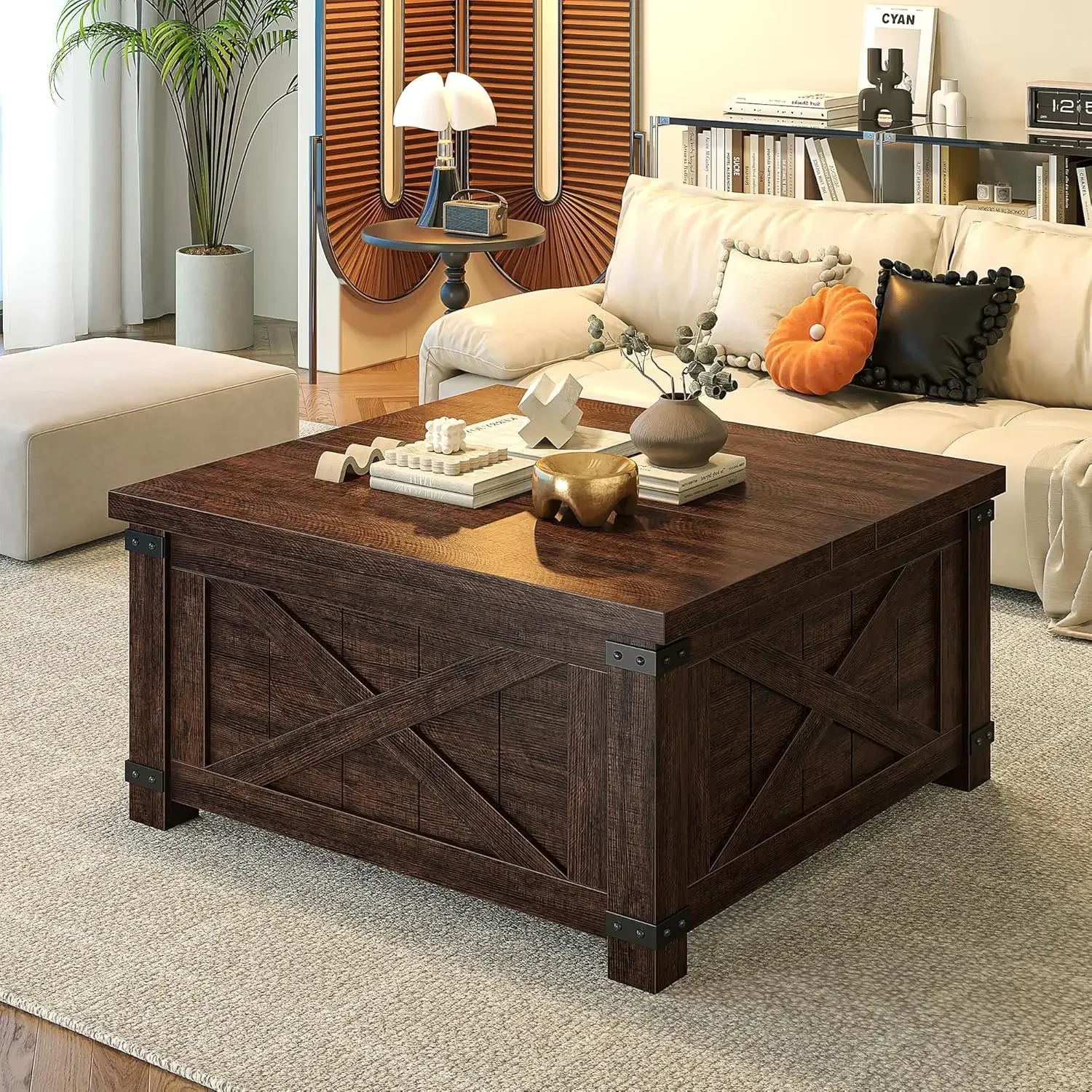 Mesa de centro de granja con almacenamiento, mesa central de madera con tapas abatibles, mesas de centro con tapa elevable con bisagras, marrón