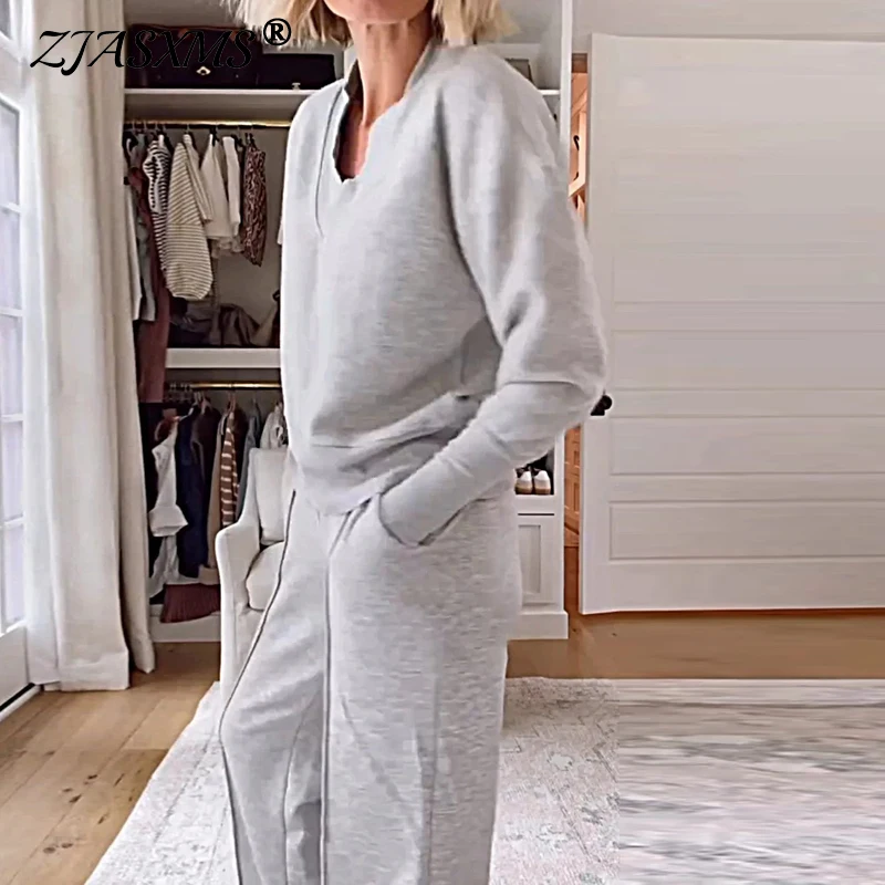 New Casual V Neck Long Sleeve Top Pullover Women\'s Two Pieces Set Straight Wide Leg Pants Autumn Outfits Winter Solid Loose Suit