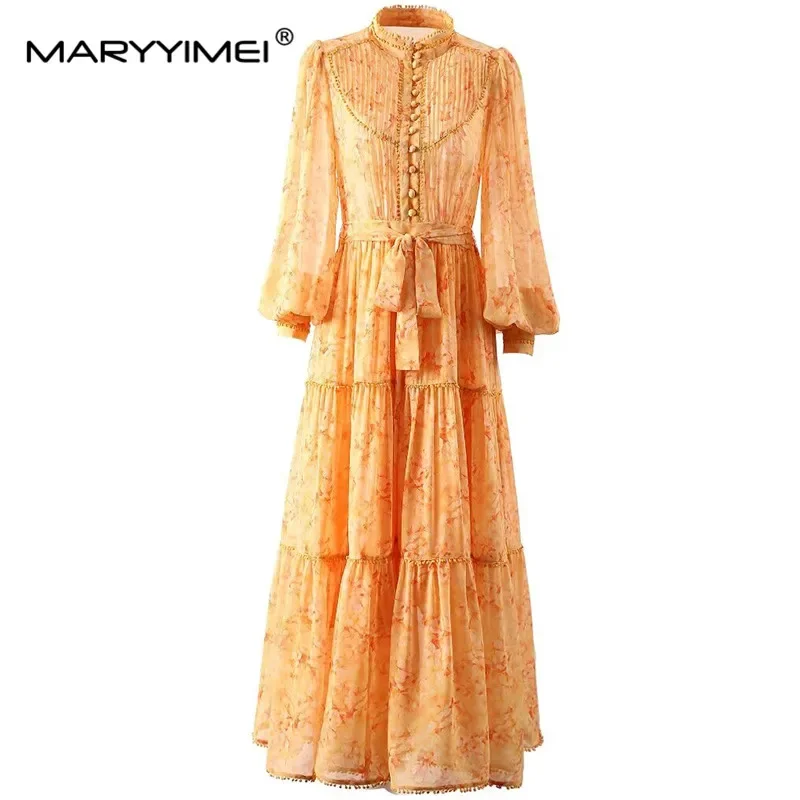 

MARYYIMEI New Fashion Designer Women's Stand Collar Lantern Long Sleeve Single Breasted Lace-Up Print Pleated Vintage Dress