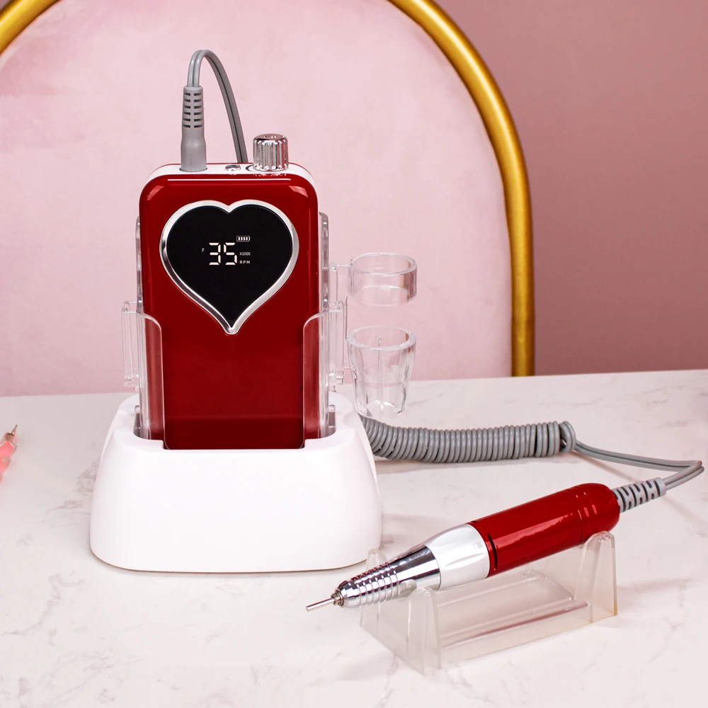 Red Heart Cordless Electric Nail Drill Machine 35000rpm Drill Set for Manicure Pedicure Rechargeable Wireless Drilling File