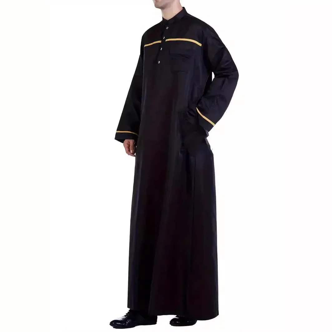 New Muslim Robes Middle East Arab High Robes Abaya High Quality Solid Color Yellow Ribbon Stand Collar Long Sleeve Pocket Robes