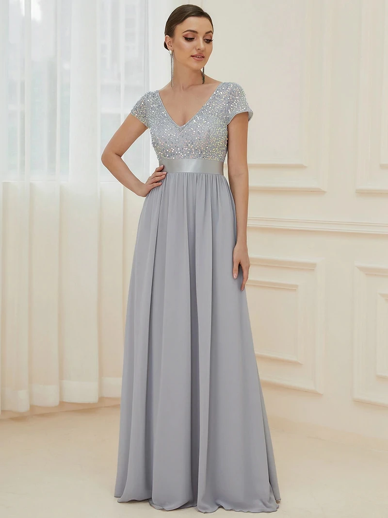 Elegant Evening dresses Long A LINE Short Sleeve V-Neck Chiffon Sequined Gown 2024 ever pretty of Simple Prom Women Dress