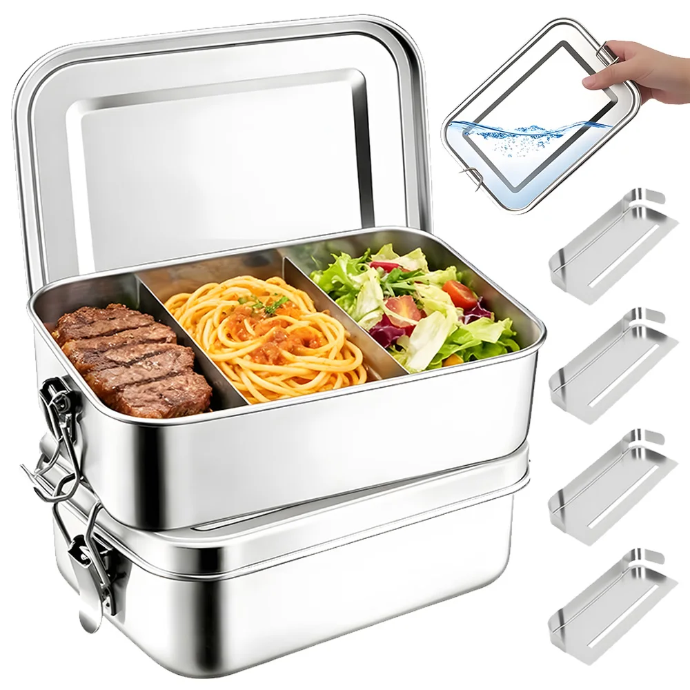2er-Pack 1400ml Edelstahl-Bento-Lunchbox mit herausnehmbarem Trenner, auslaufsicherem Dichtungsring, tragbarer Lebensmittelbehälter für die tägliche Mahlzeitenlagerung in der Küche