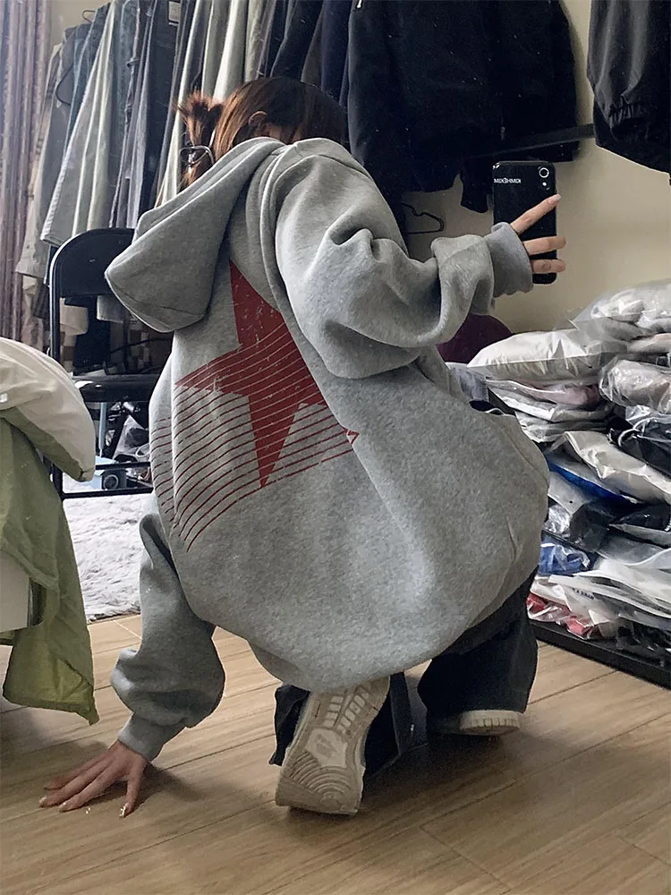 American High Street Star Print Hoodie feminino outono inverno Thiened solto casal na moda preguiçoso outerwear Fce forrado