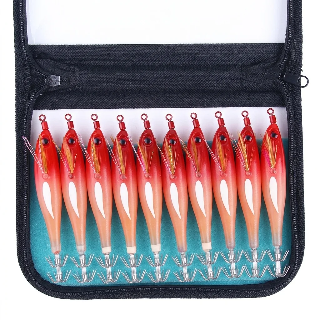 

Набор из 10 шт. в сумке: горизонтальные джиги для кальмаров 8 см, 5.8 г, искусственные приманки для морской рыбалки, крючки для джиггинга, наживки для сепии