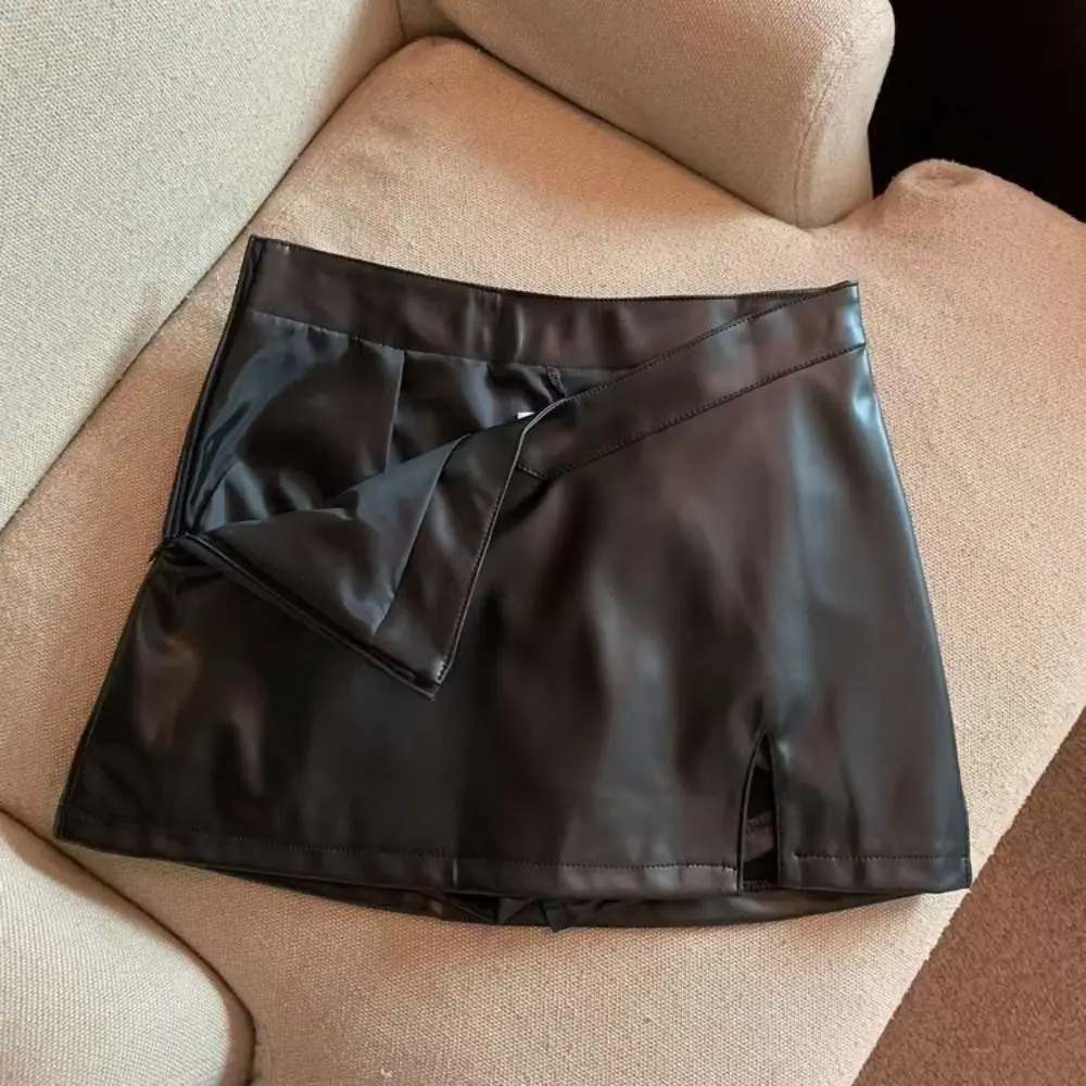 

Sweet Split PU Leather Skirt Solid Color Spicy Girl Style Short Mini Skirts Waterproof Retro High Waist A-line Skirt Summer