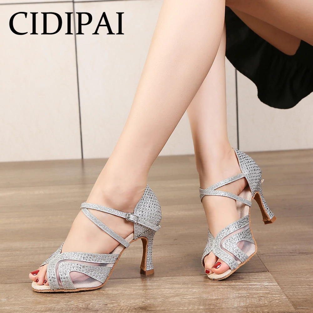 

CIDIPAI Women's Latin dance shoes with Rhinestone Ballroom Tango Salsa Shoes Party Sandals Red Shiny Wedding High heels