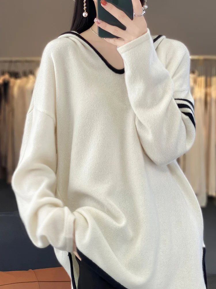 

Large size Women's Hoodies Sweater 100% Wool Vneck Designer Knitwear LongSleeve Top Jumper Cashmere Simple Fashionable Outerwear