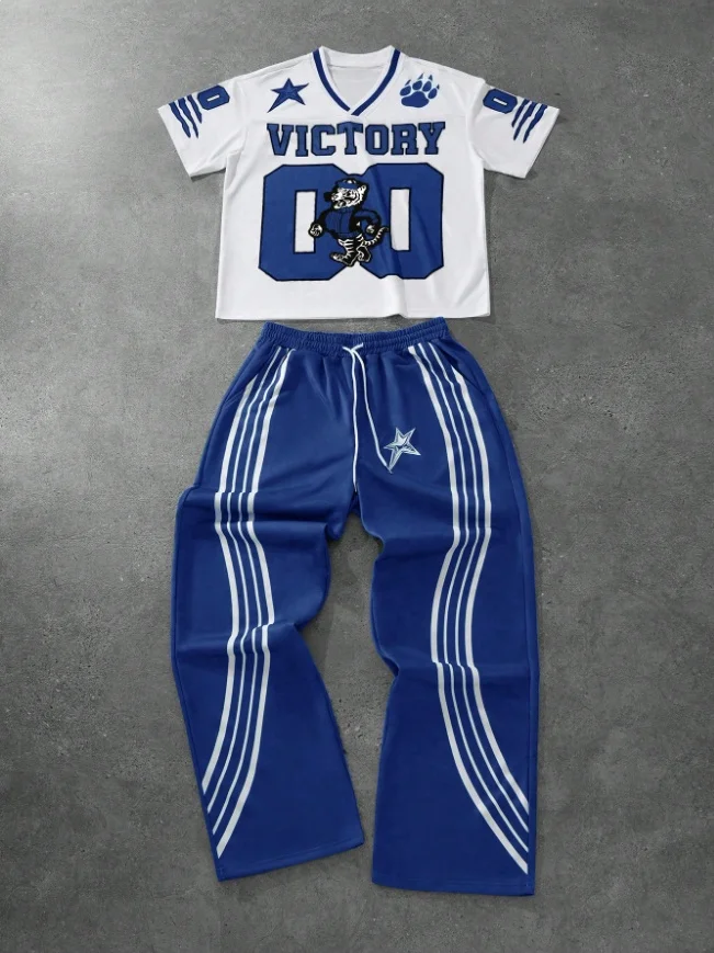 Spring and Autumn Short Sleeve Set American Y2K Hip Hop Digital Street Fashion Men's 3D Adult Short Sleeve Wide Leg Pants