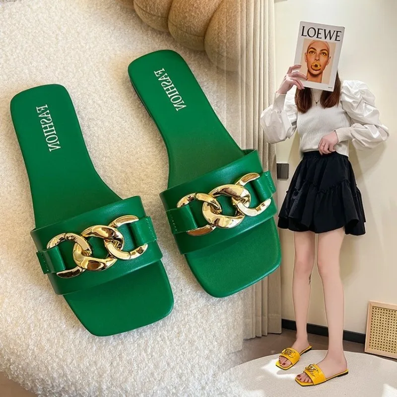 

Women's Large Size Sandals Summer New Square Head Metal Chain Soft Sole Non-slip Flat Shoes