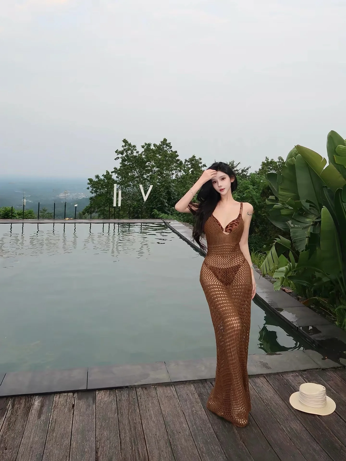 

Sexy Leopard Print Bikini Tee Piece Set Knitted Strap Long Dr Bal Split Vaion Sle Women's Swimsuit by Sweet Girl