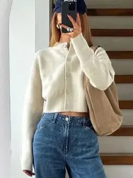 Women's Fashion Cardigan Knitted O Neck Long Sleeves Slim Short Sweater Female Buttons Wild Basic Outerwear Woman Tops