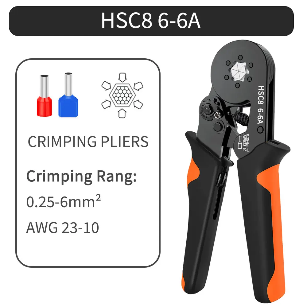 Zeshoekige zelfverstelbare ratelhuls krimpgereedschapsset 23-7AWG 0,25-10 mm2 crimperkit met ferrulehoezen draadterminals