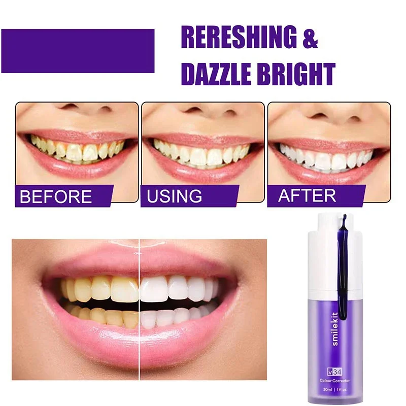 Whitening Fresh Breath Brightening Roxo Creme dental, Remover Mancha, Reduzir Amarelecimento, Cuidado para as Gengivas Dentes, Oral, Venda Quente, V34, 30ml