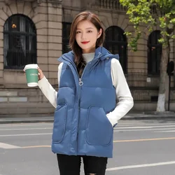 2024 New Winter Sleeveless Tank Top Women Down Jacket Puffer Parkas Hooded Padded Vests Loose Fit Female Fashion Casual Outwear