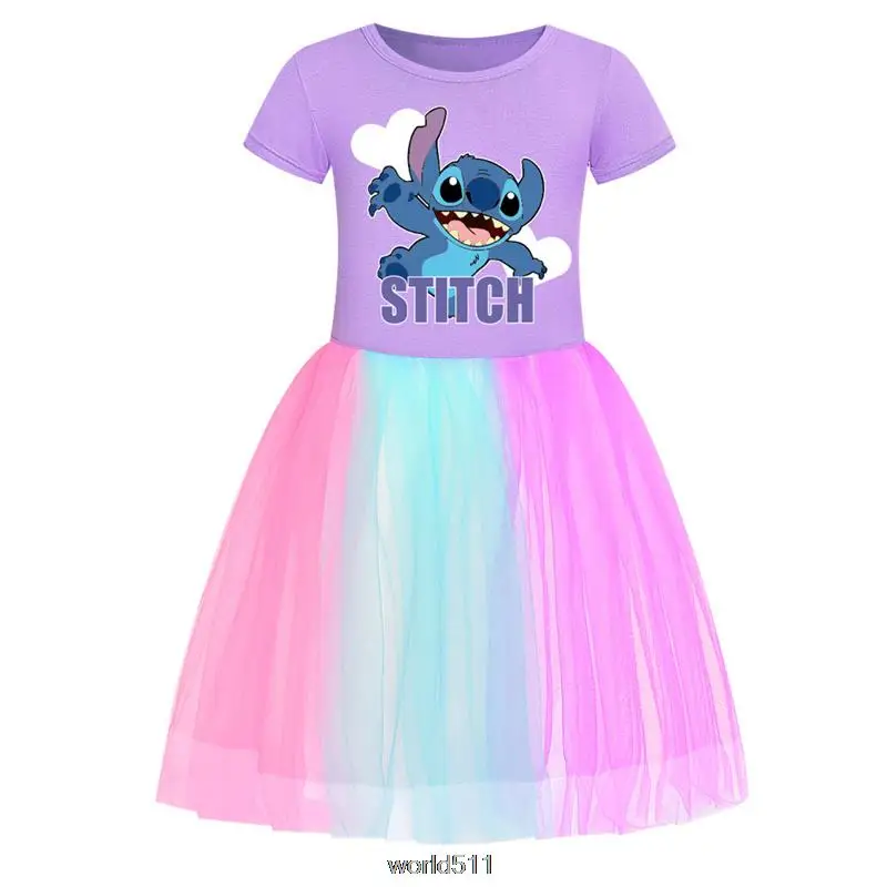 Hot Disney Stitch Girl Dress Kids Princess Vestido Girls Birthday Party Dress Children Summer Kids Clothes Birthday Gift Pink