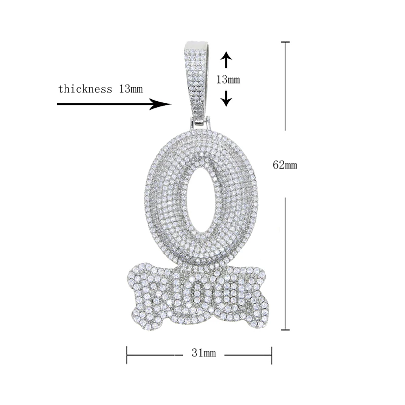 Iced Out Letter O Block Pendant Bling Cubic Zirconia Micro Pave Cz Paved Hip Hop Men Boy Rope Chain Jewelry