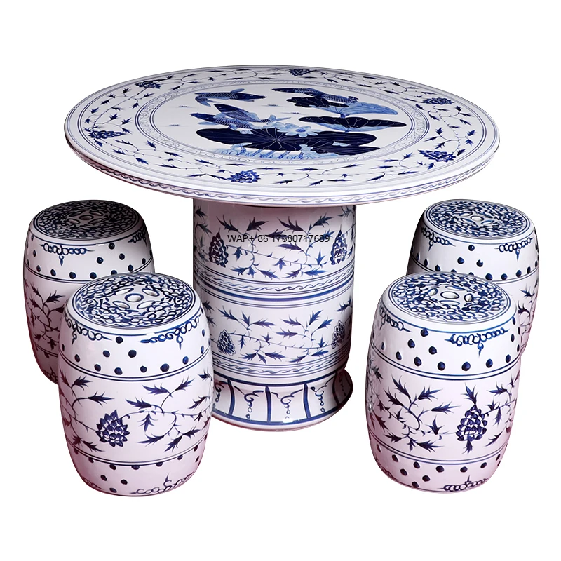 

Hand Painted Blue and White Garden Table Set Jingdezhen Ceramic Table and Stool Suit Home Balcony Park Pavilion Tea Table Set