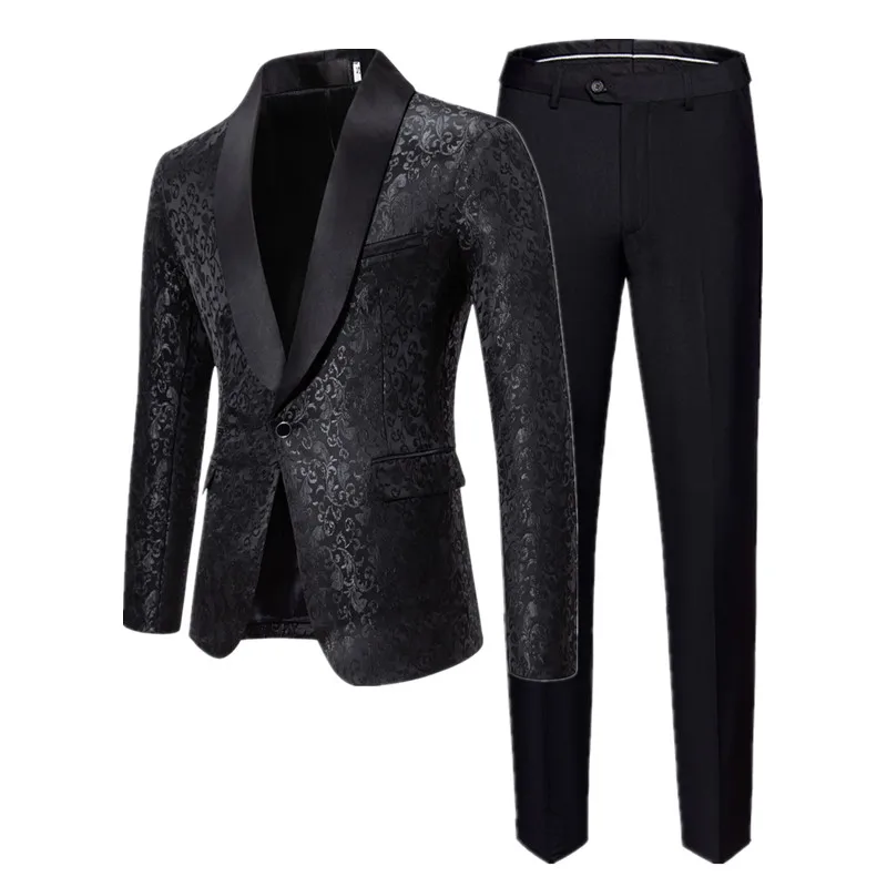 New Male Jacquard Suit 2 Piece Blue / Red / Black Men Luxury Wedding Prom Party Stage Blazers Jacket and Pants