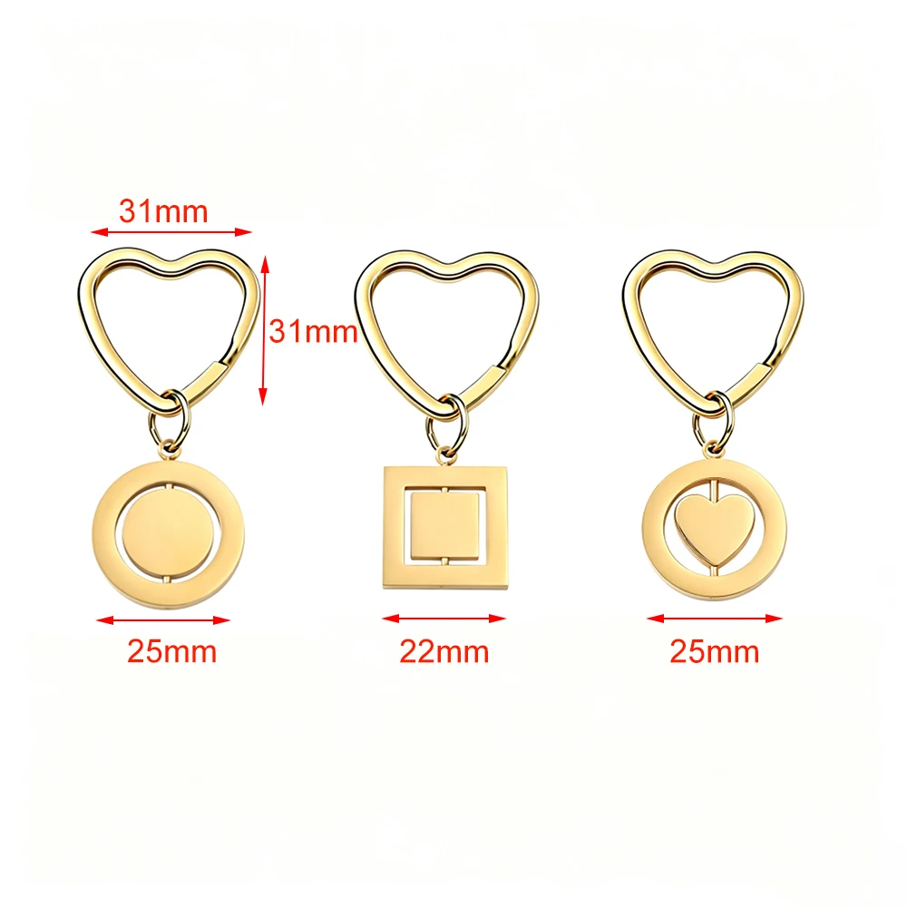 Fnixtar 10pcs Rotatable Pendant Keychain Love Heart Rectangle Charms Key Ring Stainless Steel Key Holder Wholesale