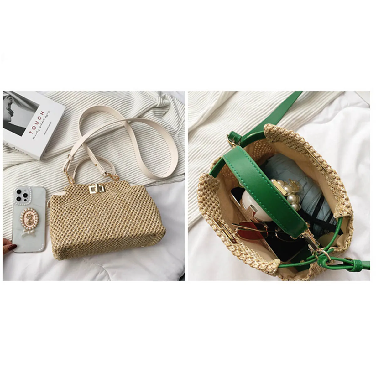 YoReAi Straw Beach Bag Fashion PU Handmade Woven Shoulder Bags Raffia Rattan Handbag Bohemian Summer Casual Small Square Pack