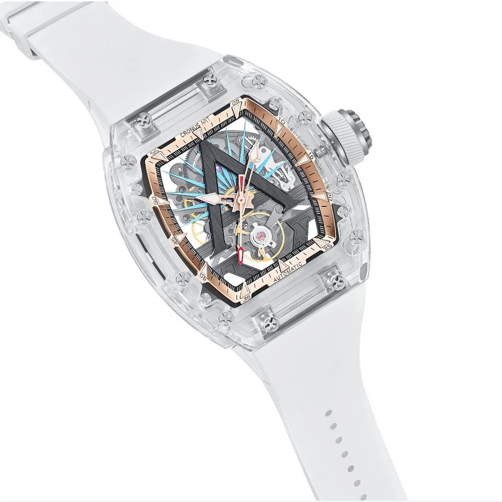 

CRONUSART Мужские автоматические часы 50 мм Tonneau Механические наручные часы Акриловый корпус Фторкаучуковый ремешок Светящийся королевский циферблат K9 Стекло