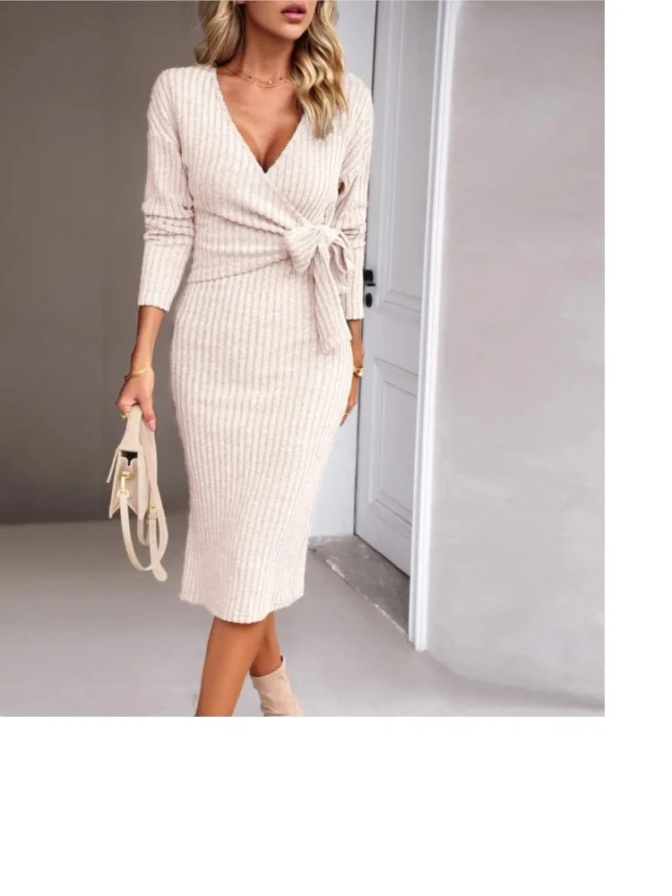 2024 New Autumn Winter Fashiona Slim Knitted Strap Dress Women Sexy V-neck Long Sleeve Tight Type Midi Dress Office Ladies Dress