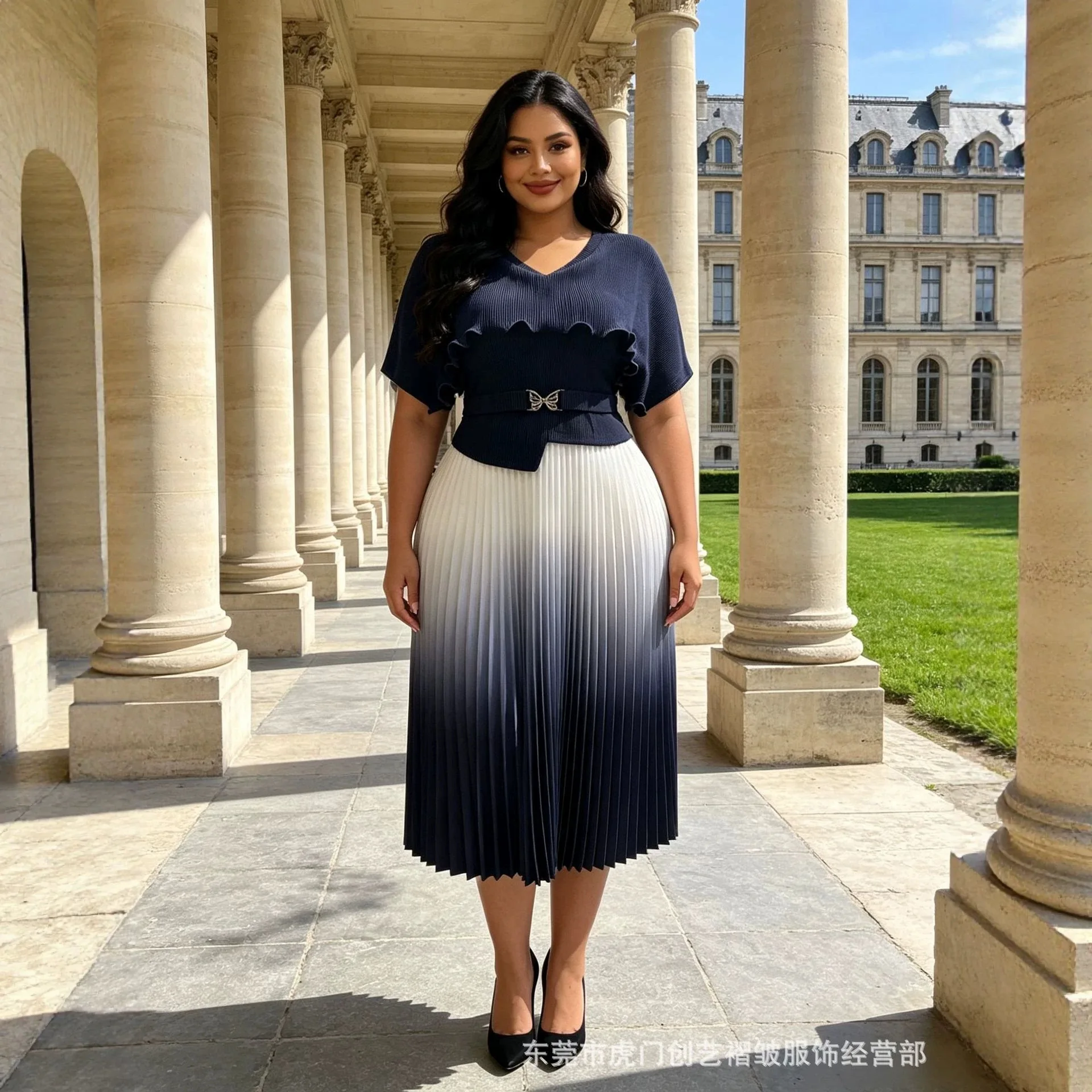 Miayke Miyake Plus-size Women's Fashion Clothes With Ruffled Three And Elegant Gradient Color Clothing Femme Midi