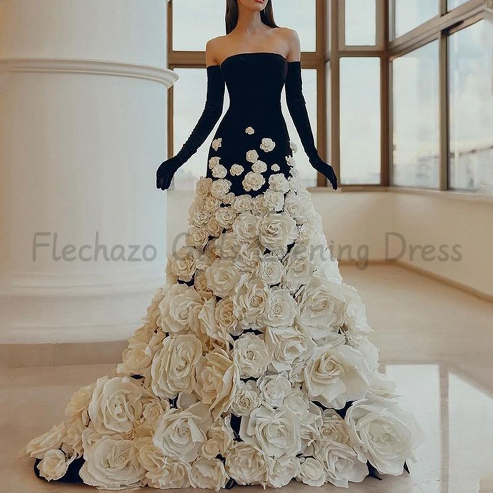 Flechazo Charming 3D Flowers Evening Dress Strapless Mermaid Floor Length with Sweep Train Open Back Zipper Custom Made Gowns