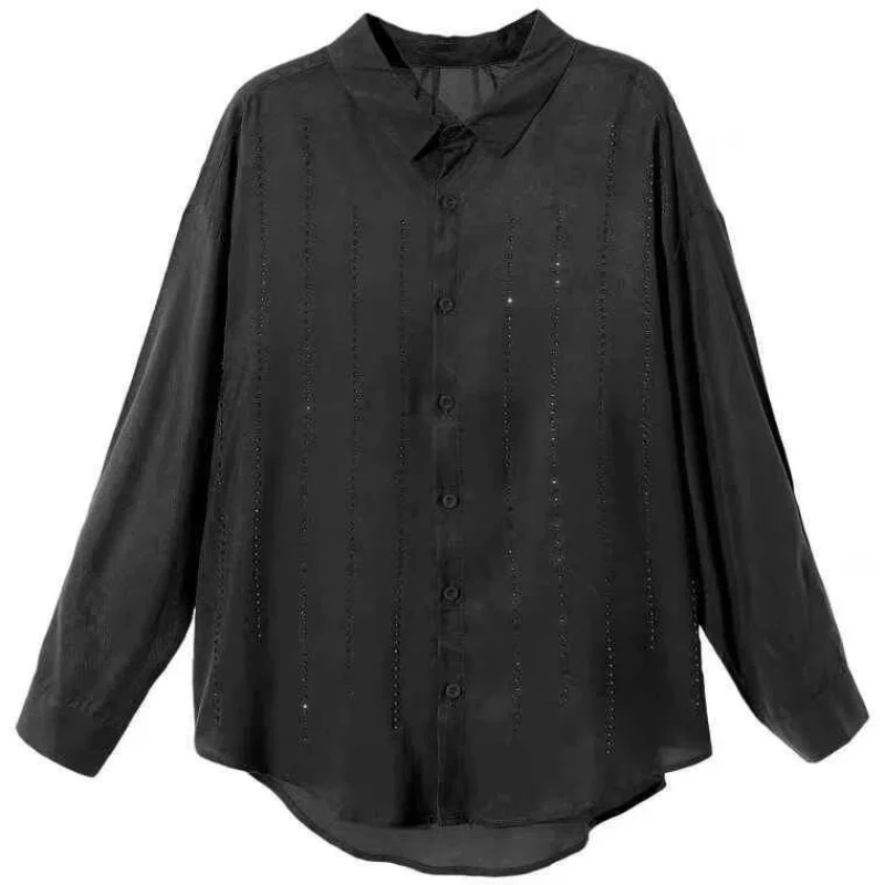 Spring Autumn Fashion Elegance Solid Chiffon Blouses Women's Clothing Diamonds Single Breasted POLO Collar Long Sleeve Shirts