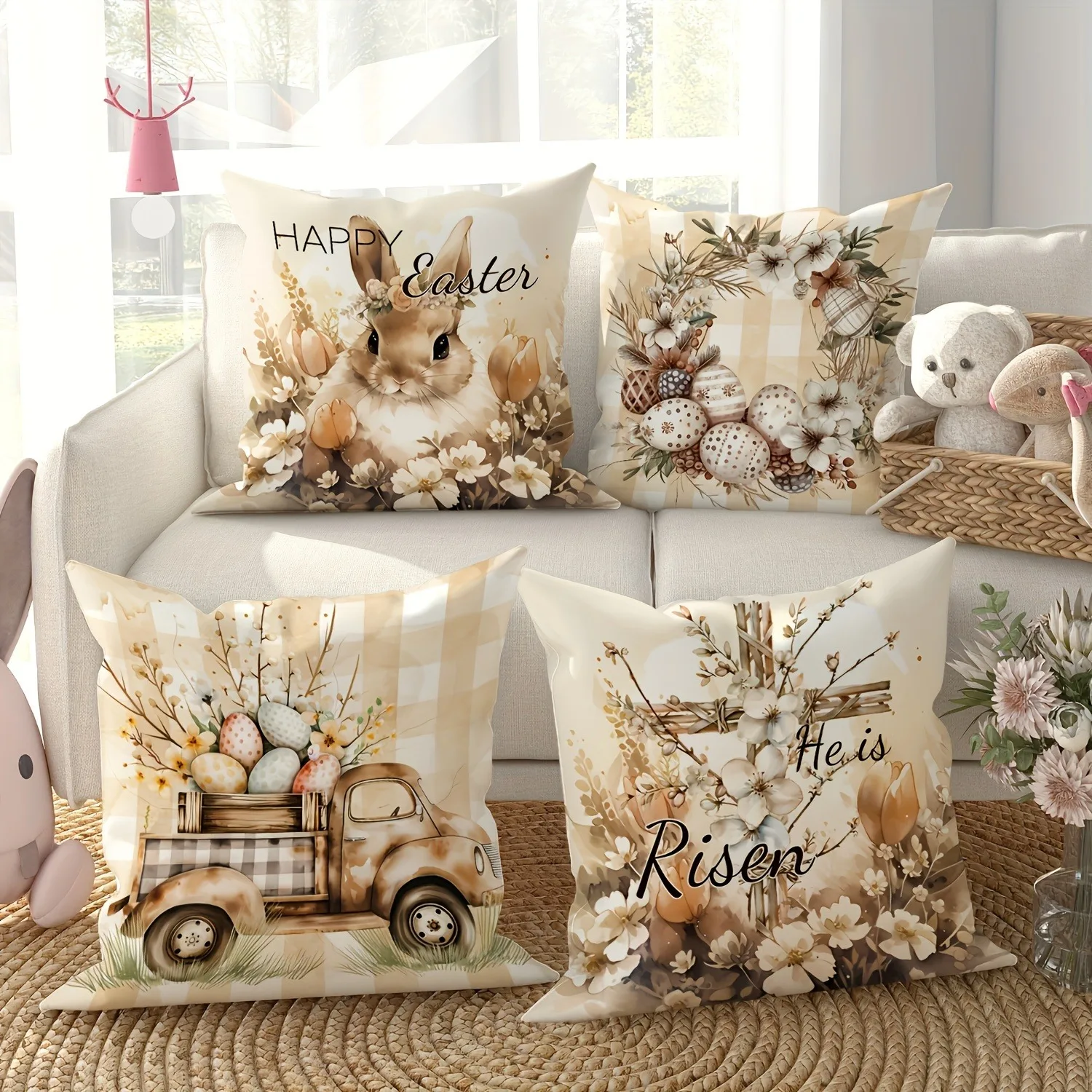 Happy Easter decoration pillow cover Rabbit flower truck and Egg pattern design Sofa cushion cover home room decoration